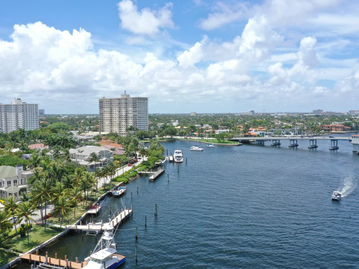 Aerial view of the Intracoastal Waterway and private docks near the Las Olas Boulevard bridge, Fort Lauderdale